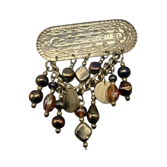 Cloak Pin Brooch Bar Top Dangling Charms Large Statement Folk Art Piece Vintage - Picture 1 of 13